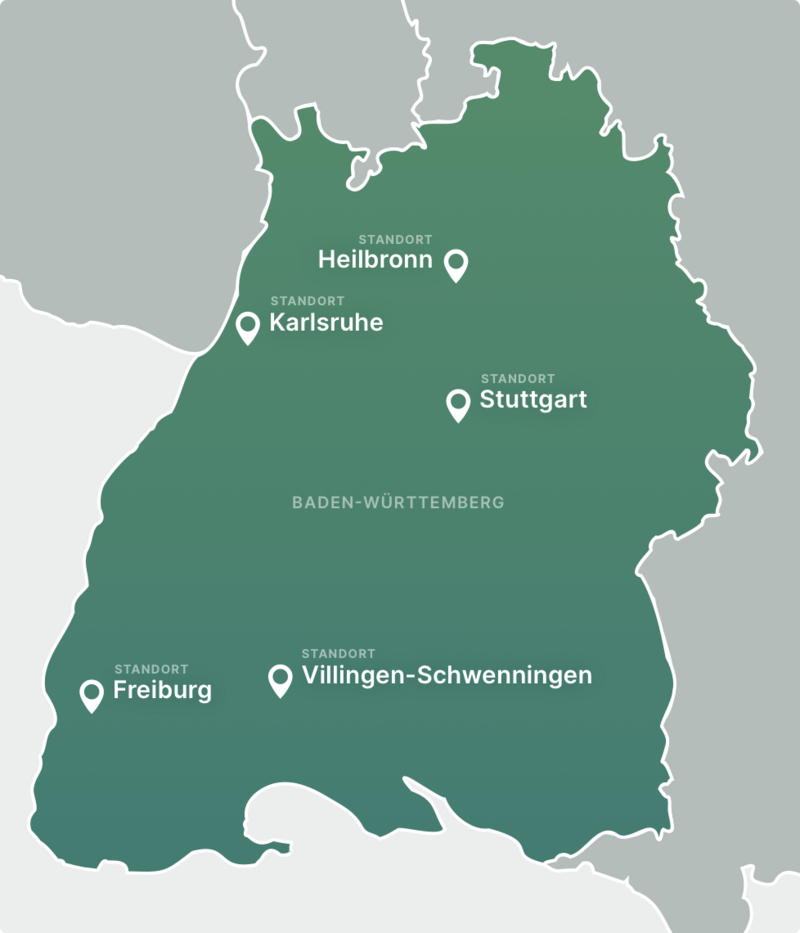 Eine Karten-Illustration von Baden-Württemberg mit allen 7 Standorten der BIT Stadt + Umwelt GmbH